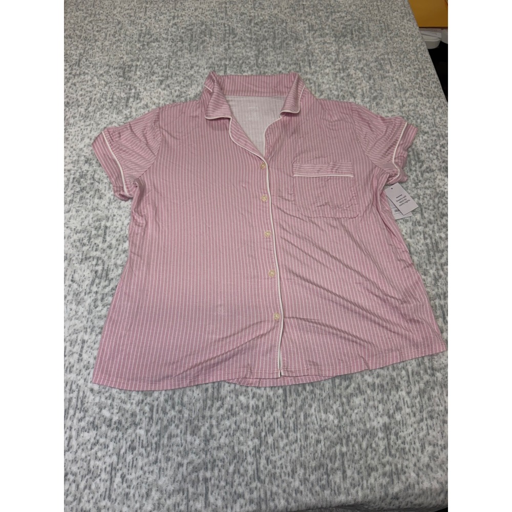 Auden Women Pink White Striped Cloud Knit Short Sleeve Pajama Top Large NWT